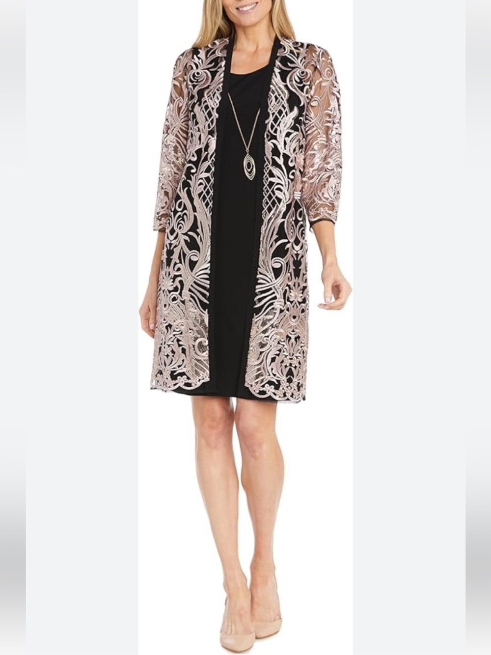 R&M RICHARDS sequined duster black tank dress attached necklace 2 piece size 8